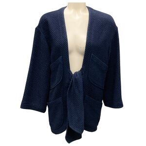CHANEL NAVY BLUE TIE FRONT BOUCLE TWEED JACKET